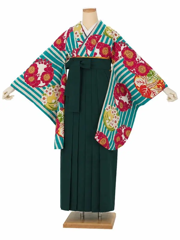 卒業式袴レンタルM0009縞に花紋・ターコイズ×緑