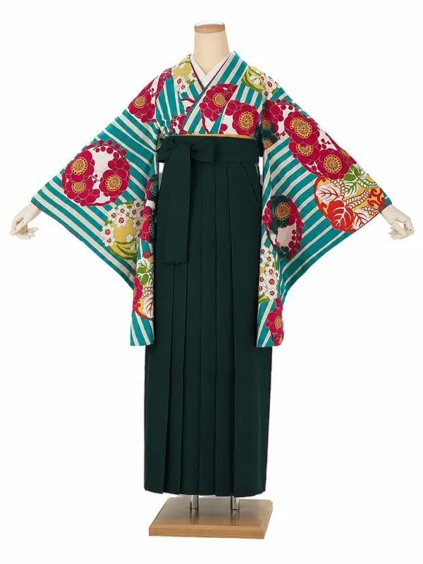 卒業式袴レンタルM0009縞に花紋・ターコイズ×緑
