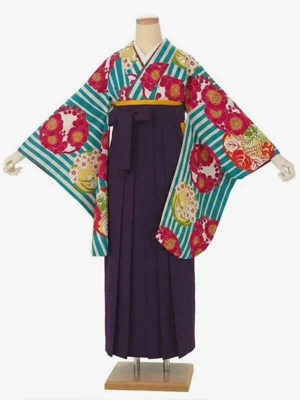 卒業式袴レンタルM0009縞に花紋・ターコイズ×紫