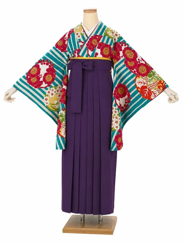 卒業式袴レンタルM0009縞に花紋・ターコイズ×紫