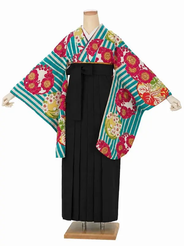 卒業式袴レンタルM0009縞に花紋・ターコイズ×黒