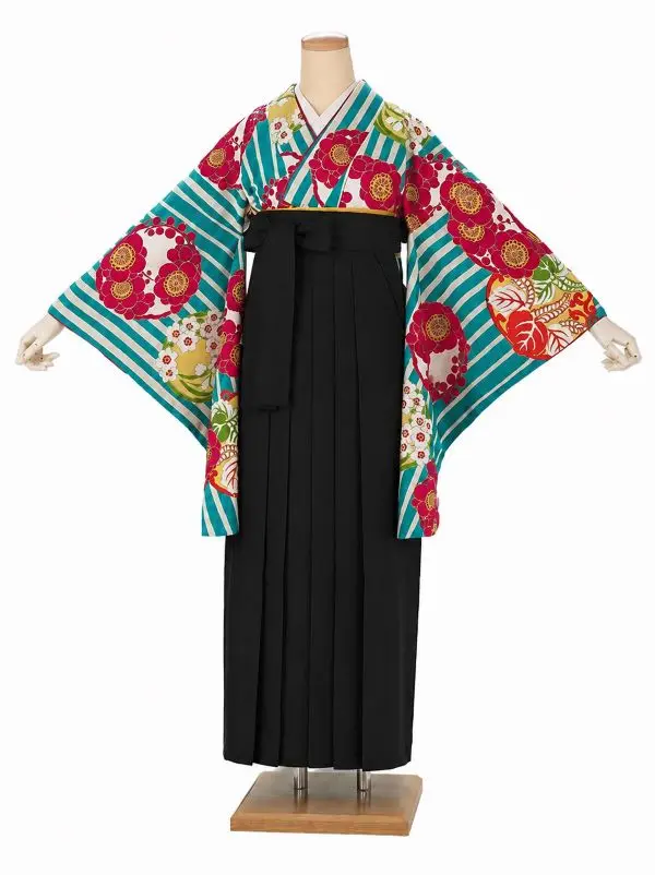 卒業式袴レンタルM0009縞に花紋・ターコイズ×黒