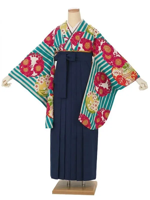卒業式袴レンタルM0009縞に花紋・ターコイズ×紺