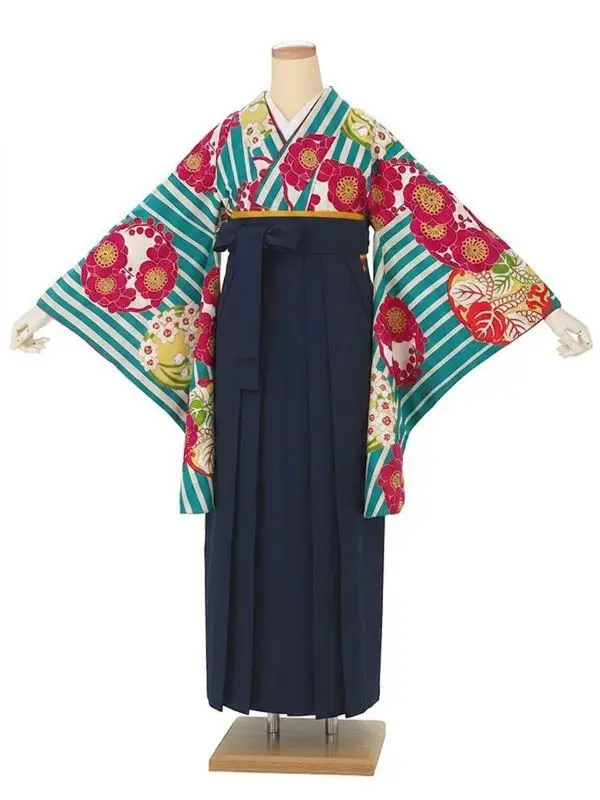 卒業式袴レンタルM0009縞に花紋・ターコイズ×紺