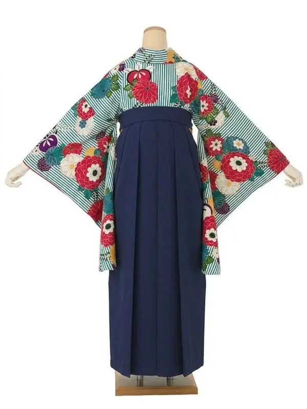 卒業式袴レンタルM0009縞に花紋・ターコイズ×紺