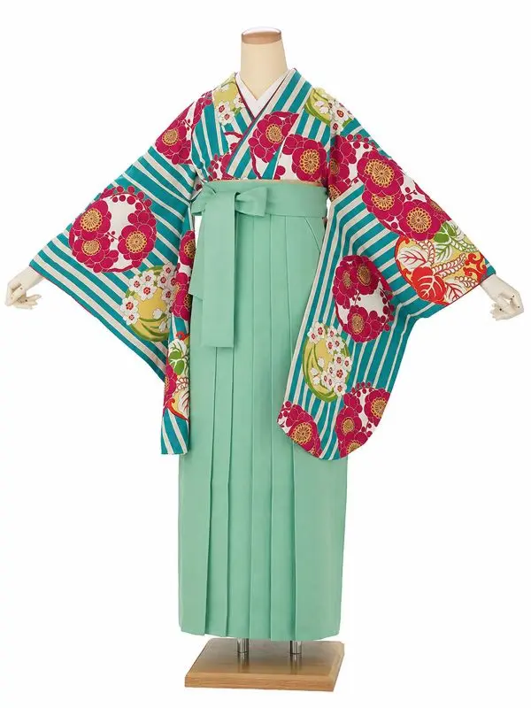 卒業式袴レンタルM0009縞に花紋・ターコイズ×ミントグリーン