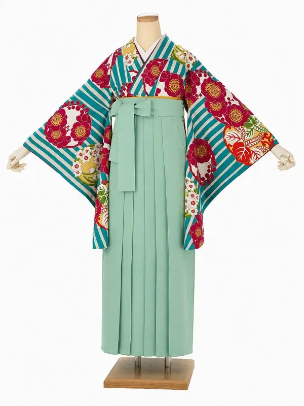 卒業式袴レンタルM0009縞に花紋・ターコイズ×ミントグリーン