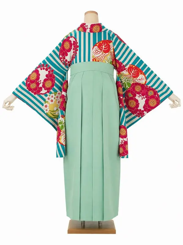 卒業式袴レンタルM0009縞に花紋・ターコイズ×ミントグリーン