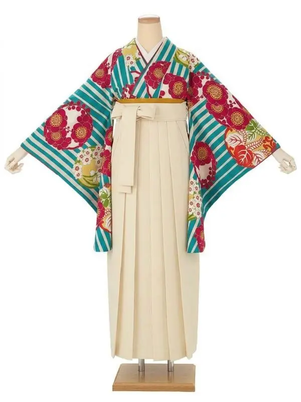 卒業式袴レンタルM0009縞に花紋・ターコイズ×オフホワイト