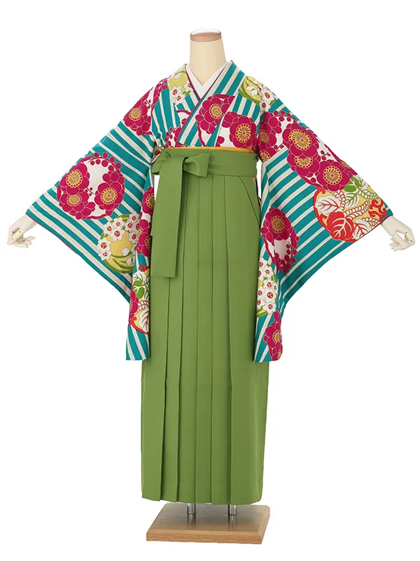 卒業式袴レンタルM0009縞に花紋・ターコイズ×抹茶