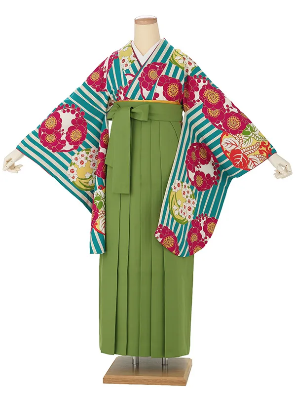 卒業式袴レンタルM0009縞に花紋・ターコイズ×抹茶
