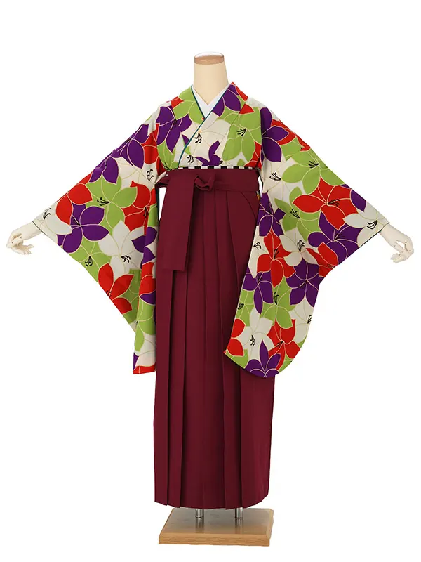 卒業式袴レンタルM0038桔梗づくし・カラフル×えんじ