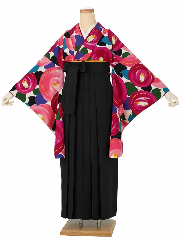 卒業式袴レンタルM0010デッサン椿・ピンク×黒
