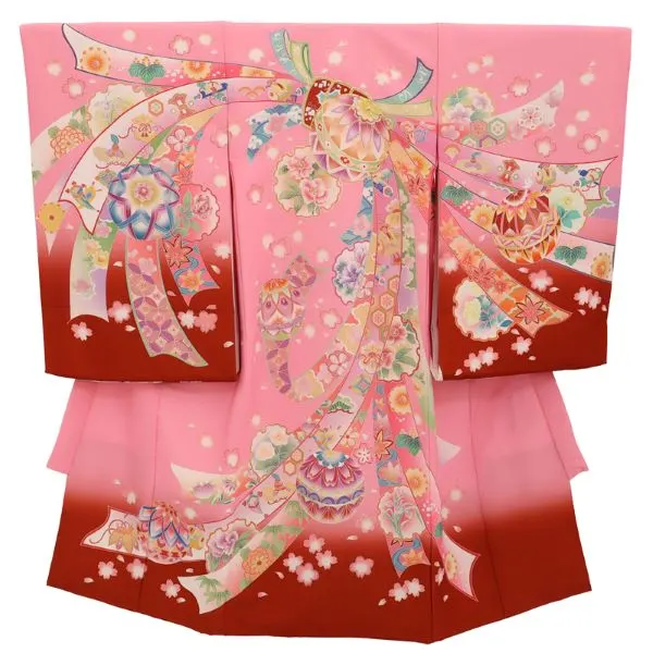 女児産着 お宮参りレンタル　金駒刺繍入り　鞠に桜・束ね熨斗/ピンク