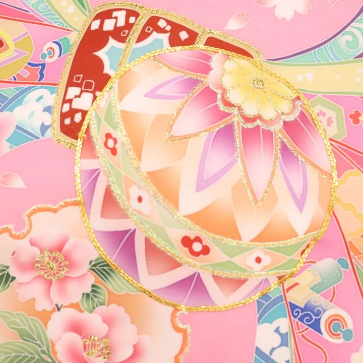 女児産着 お宮参りレンタル　金駒刺繍入り　鞠に桜・束ね熨斗/ピンク