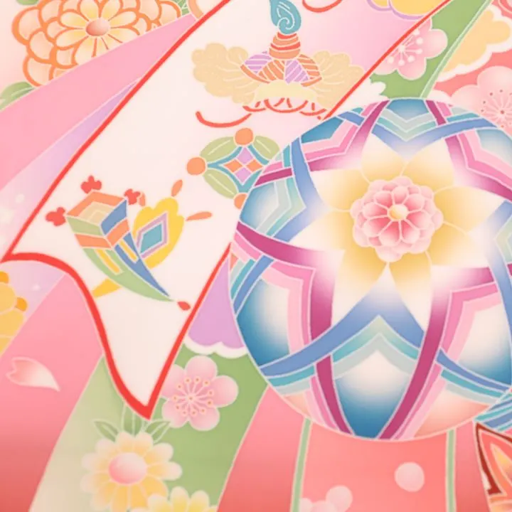 女児産着 お宮参りレンタル　金駒刺繍入り　鞠に桜・束ね熨斗/ピンク