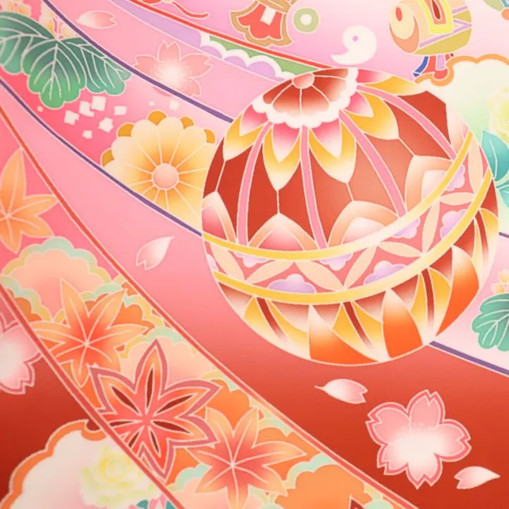 女児産着 お宮参りレンタル　金駒刺繍入り　鞠に桜・束ね熨斗/ピンク