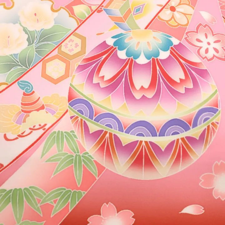 女児産着 お宮参りレンタル　金駒刺繍入り　鞠に桜・束ね熨斗/ピンク