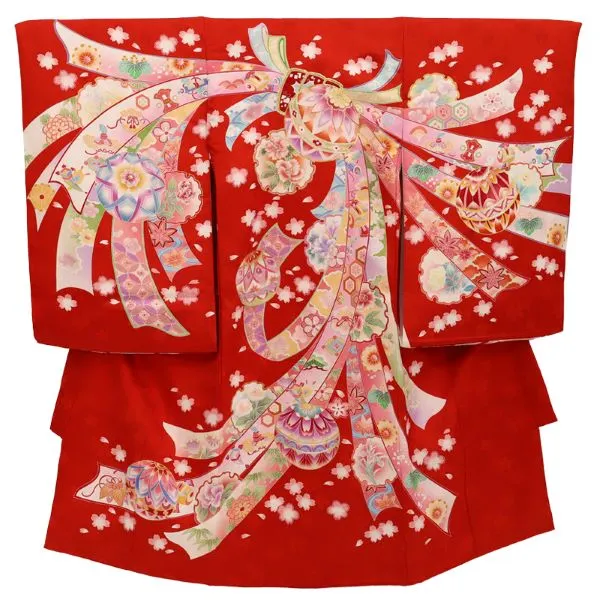 女児産着 お宮参りレンタル　金駒刺繍入り　鞠に桜・束ね熨斗/赤