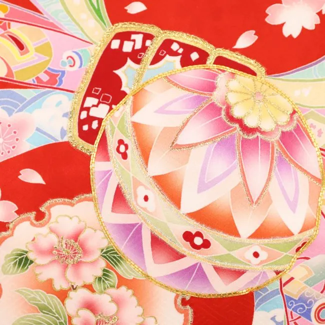 女児産着 お宮参りレンタル　金駒刺繍入り　鞠に桜・束ね熨斗/赤