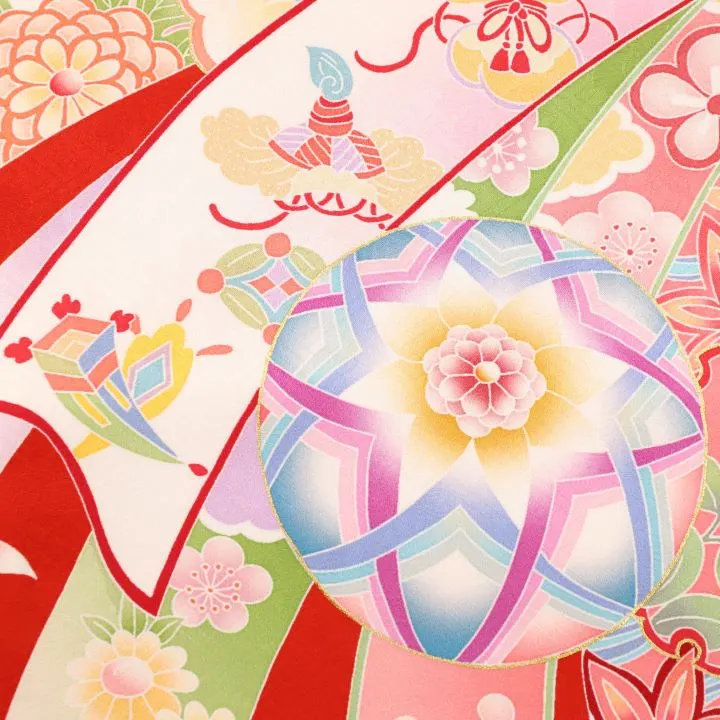 女児産着 お宮参りレンタル　金駒刺繍入り　鞠に桜・束ね熨斗/赤