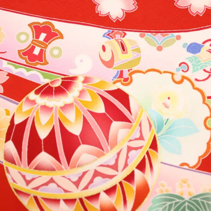 女児産着 お宮参りレンタル　金駒刺繍入り　鞠に桜・束ね熨斗/赤