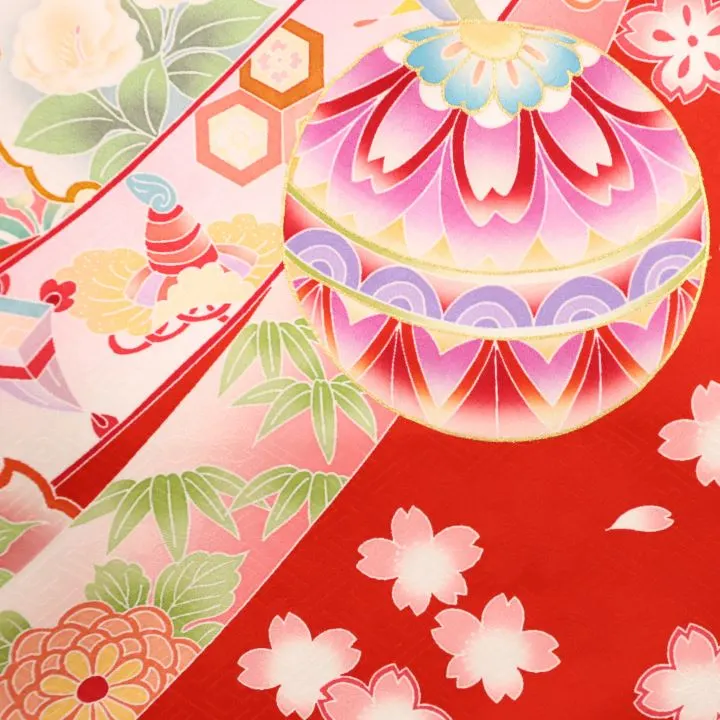 女児産着 お宮参りレンタル　金駒刺繍入り　鞠に桜・束ね熨斗/赤