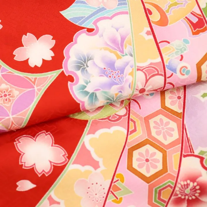 女児産着 お宮参りレンタル　金駒刺繍入り　鞠に桜・束ね熨斗/赤