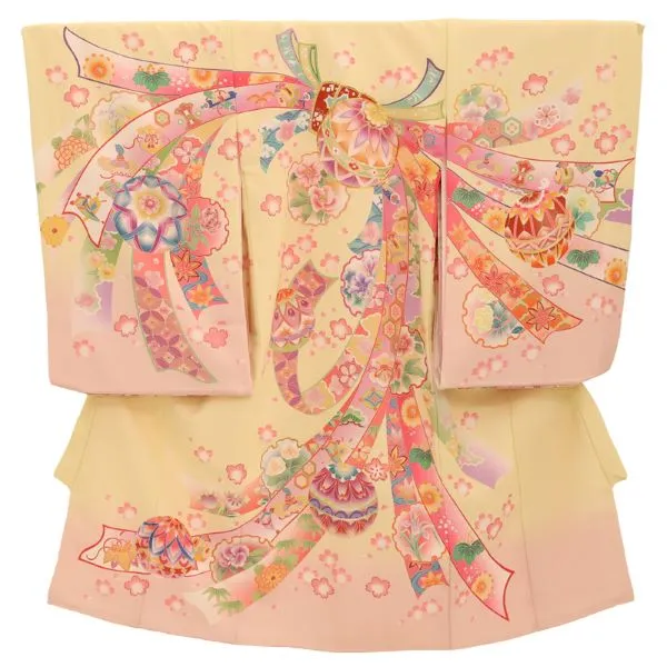 女児産着 お宮参りレンタル　金駒刺繍入り　鞠に桜・束ね熨斗/クリーム　