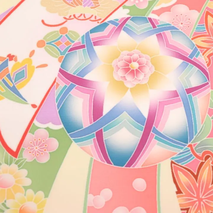 女児産着 お宮参りレンタル　金駒刺繍入り　鞠に桜・束ね熨斗/クリーム　