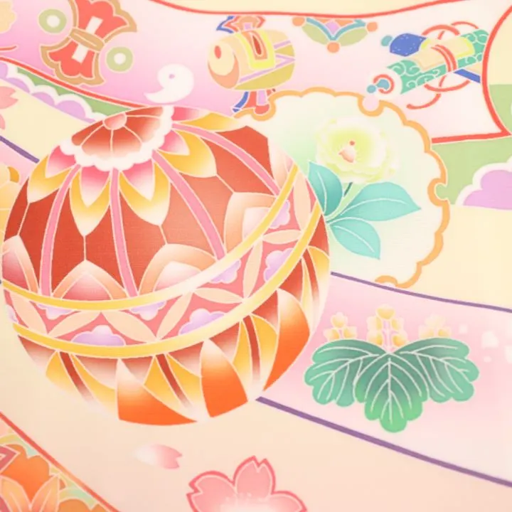 女児産着 お宮参りレンタル　金駒刺繍入り　鞠に桜・束ね熨斗/クリーム　