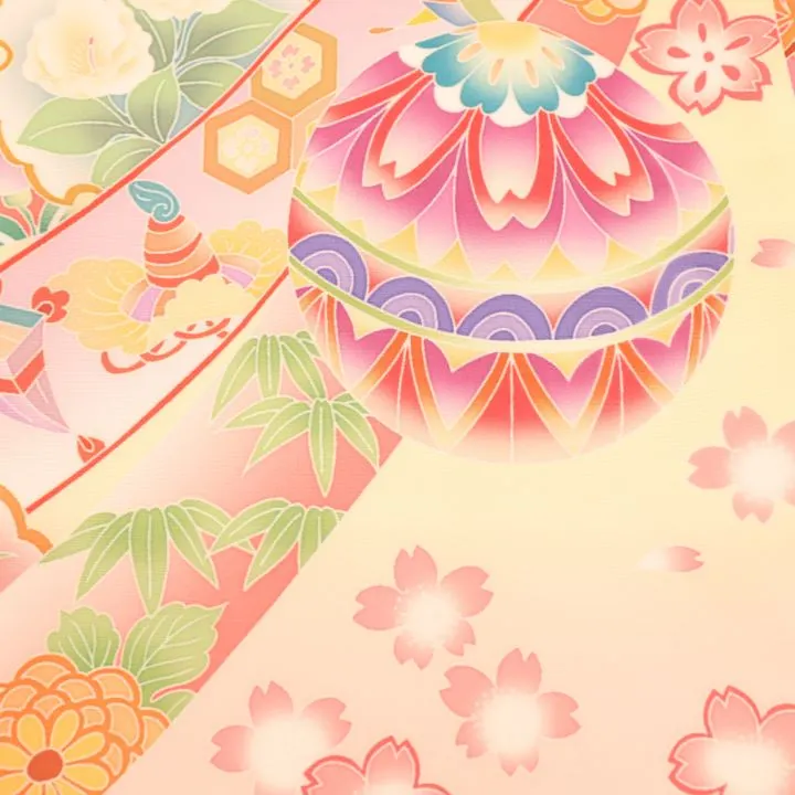 女児産着 お宮参りレンタル　金駒刺繍入り　鞠に桜・束ね熨斗/クリーム　