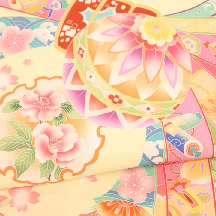 女児産着 お宮参りレンタル　金駒刺繍入り　鞠に桜・束ね熨斗/クリーム　
