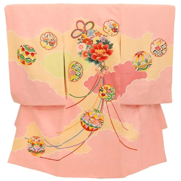 お宮参り 女の子レンタル【正絹　金駒刺繍入】　結び紐 に牡丹菊/ピンク