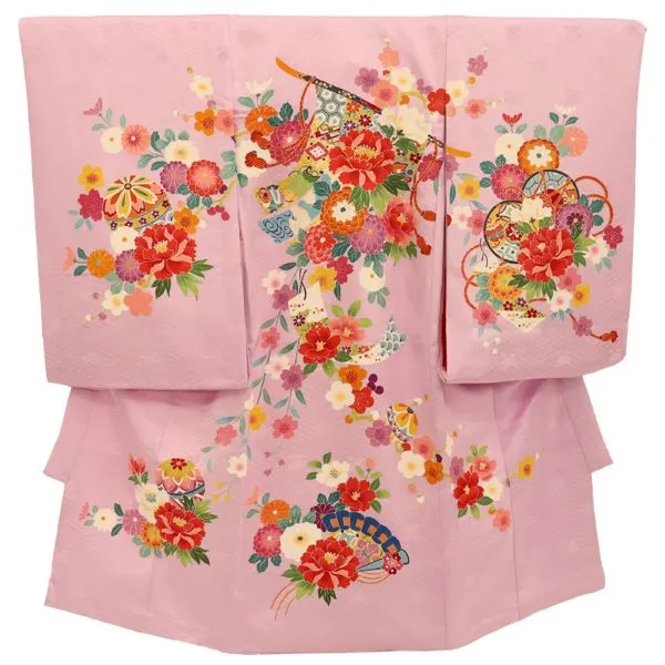 【高級正絹　金駒刺繍入】女児産着 お宮参りレンタル　束ね熨斗・几帳牡丹　菊/紫　