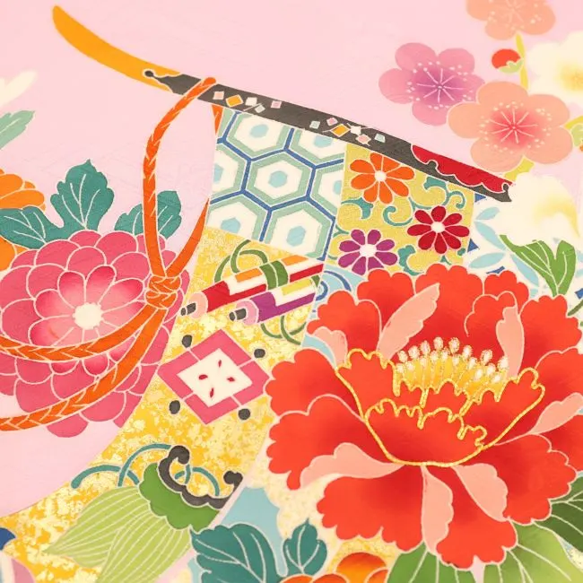 【高級正絹　金駒刺繍入】女児産着 お宮参りレンタル　束ね熨斗・几帳牡丹　菊/紫　