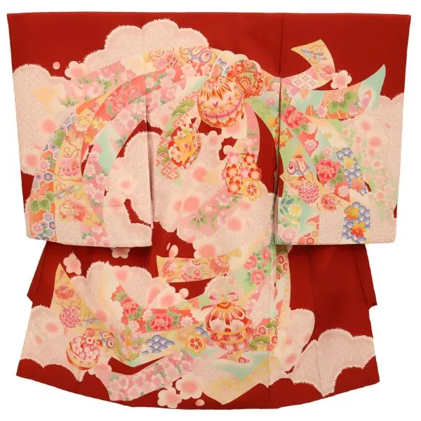 女児産着 お宮参りレンタル　金駒刺繍入り　毬に吉祥　束ね熨斗/赤