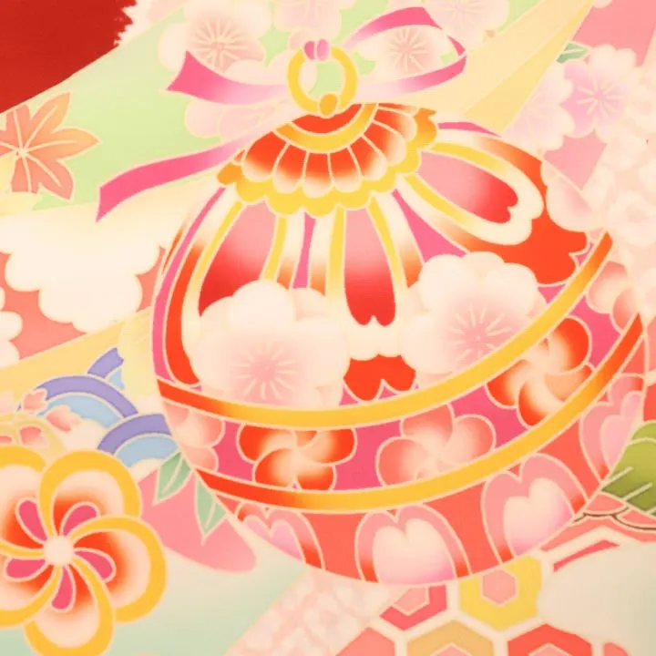 女児産着 お宮参りレンタル　金駒刺繍入り　毬に吉祥　束ね熨斗/赤