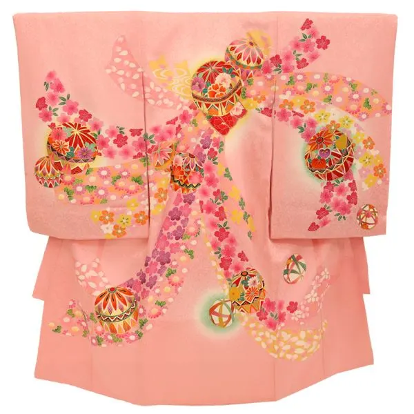 【正絹　金駒刺繍入】女児産着 お宮参りレンタル　毬に束ね熨斗/ピンク　