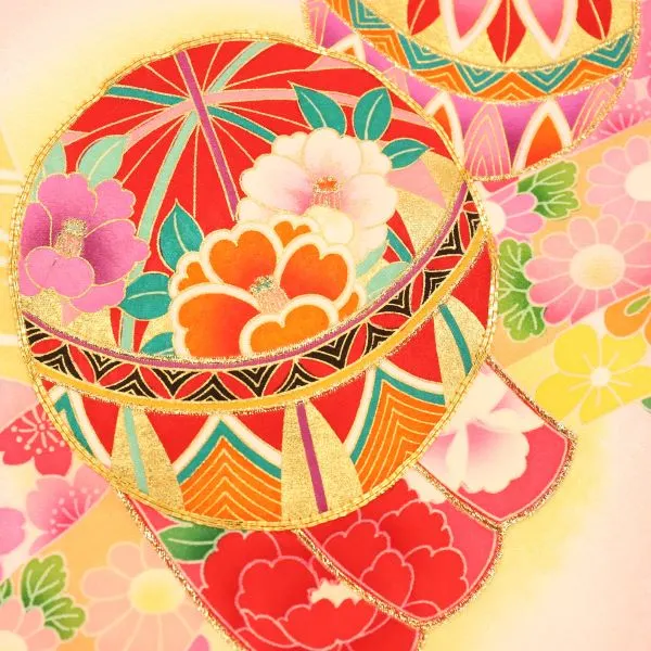 【正絹　金駒刺繍入】女児産着 お宮参りレンタル　毬に束ね熨斗/ピンク　