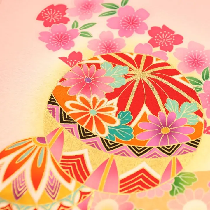 【正絹　金駒刺繍入】女児産着 お宮参りレンタル　毬に束ね熨斗/ピンク　