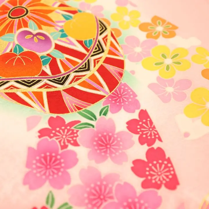 【正絹　金駒刺繍入】女児産着 お宮参りレンタル　毬に束ね熨斗/ピンク　