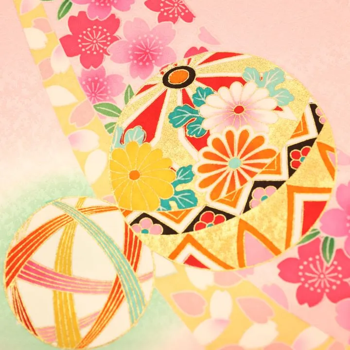 【正絹　金駒刺繍入】女児産着 お宮参りレンタル　毬に束ね熨斗/ピンク　