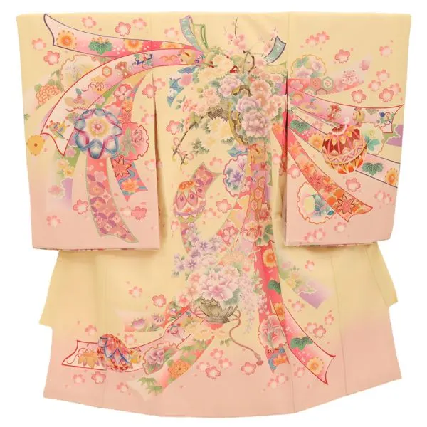 女児産着 お宮参りレンタル　金刺繍入　牡丹に花車　熨斗/クリーム