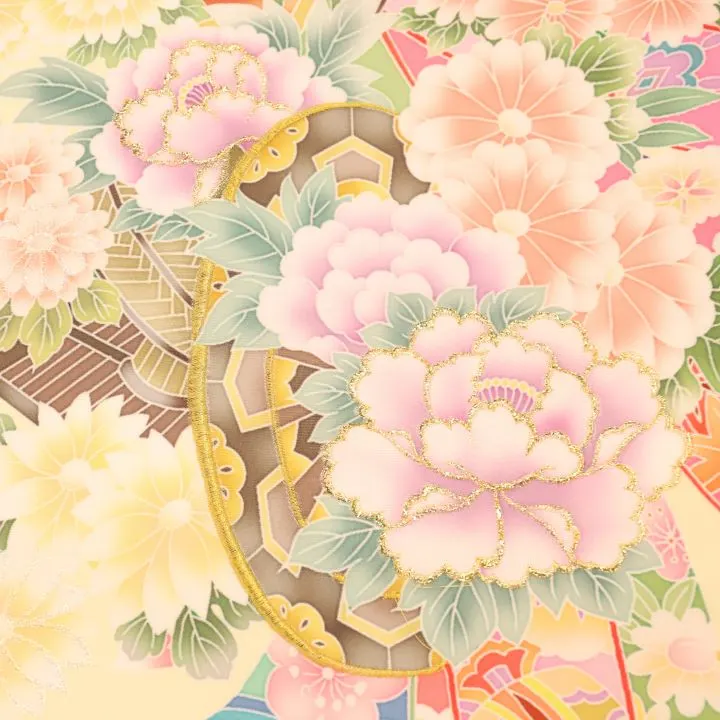 女児産着 お宮参りレンタル　金刺繍入　牡丹に花車　熨斗/クリーム