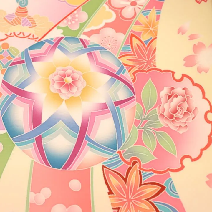 女児産着 お宮参りレンタル　金刺繍入　牡丹に花車　熨斗/クリーム