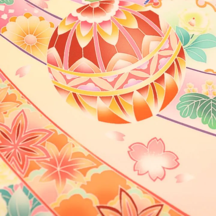 女児産着 お宮参りレンタル　金刺繍入　牡丹に花車　熨斗/クリーム