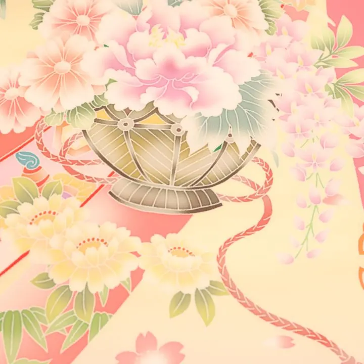 女児産着 お宮参りレンタル　金刺繍入　牡丹に花車　熨斗/クリーム