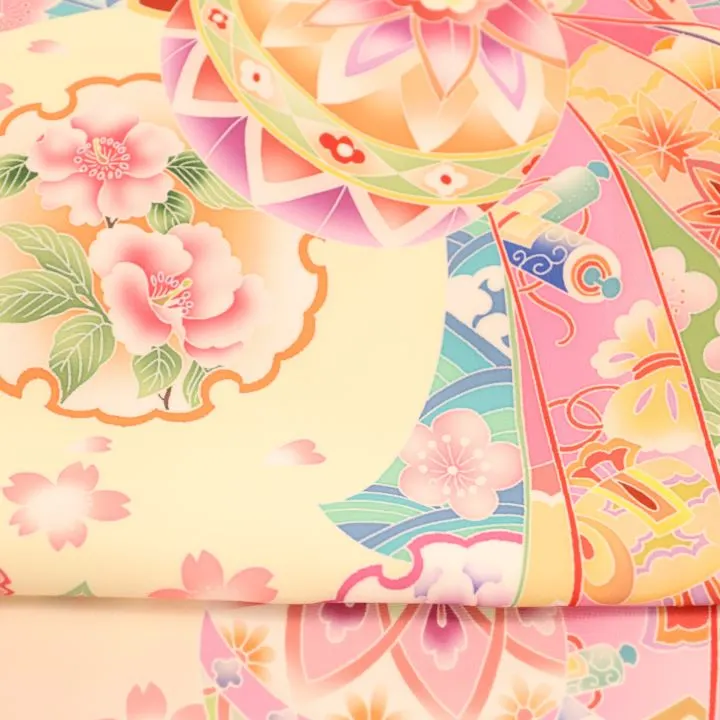 女児産着 お宮参りレンタル　金刺繍入　牡丹に花車　熨斗/クリーム