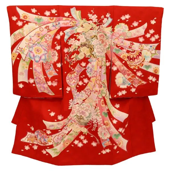 【正絹　金駒刺繍入】女児産着 お宮参りレンタル　鞠に桜　リボン熨斗/赤